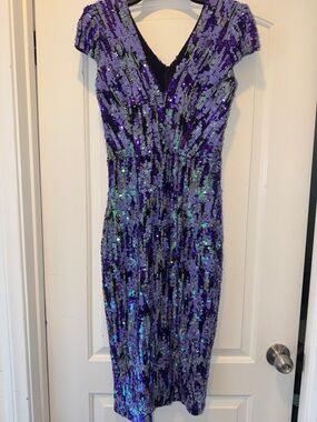 Dress the Population Iridescent Purple Sequin Midi Dress